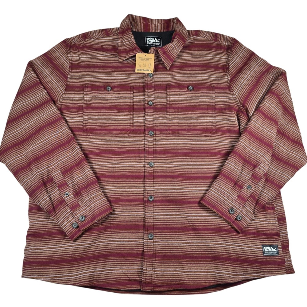 Eddie Bauer Fleece-Lined Field Flannel Shirt Jacket Dark Red Stripe Mens 2XL NWT